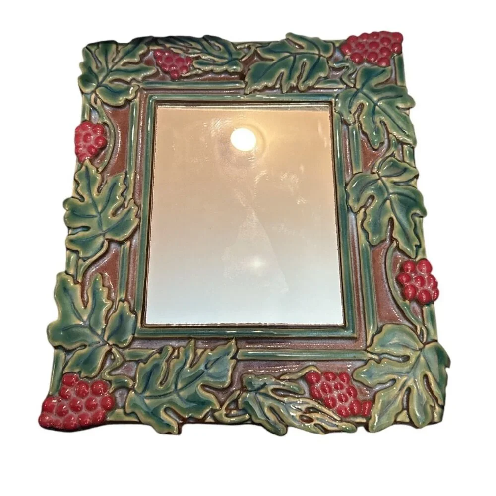 Tile Grape & Leaf Ceramic Framed Mirror Signed READ